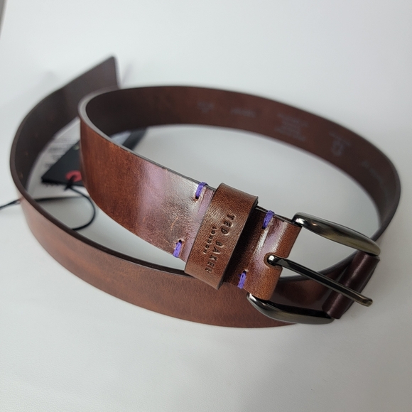 Ted Baker Belt Men's Textured Brown Italian Made Real Leather Nickel Buckle 30" - Picture 1 of 10